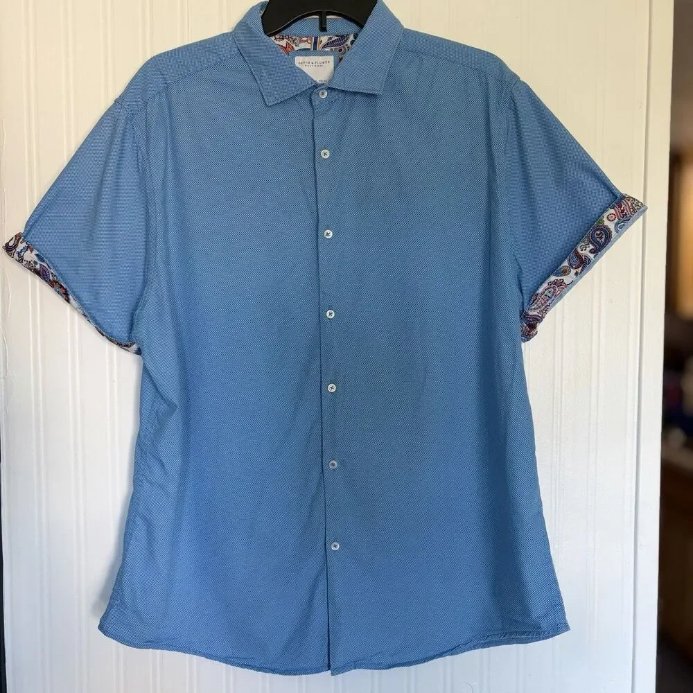Denim & Flower Men's Short Sleeve Contrast Paisley Trim Button-Down Shirt